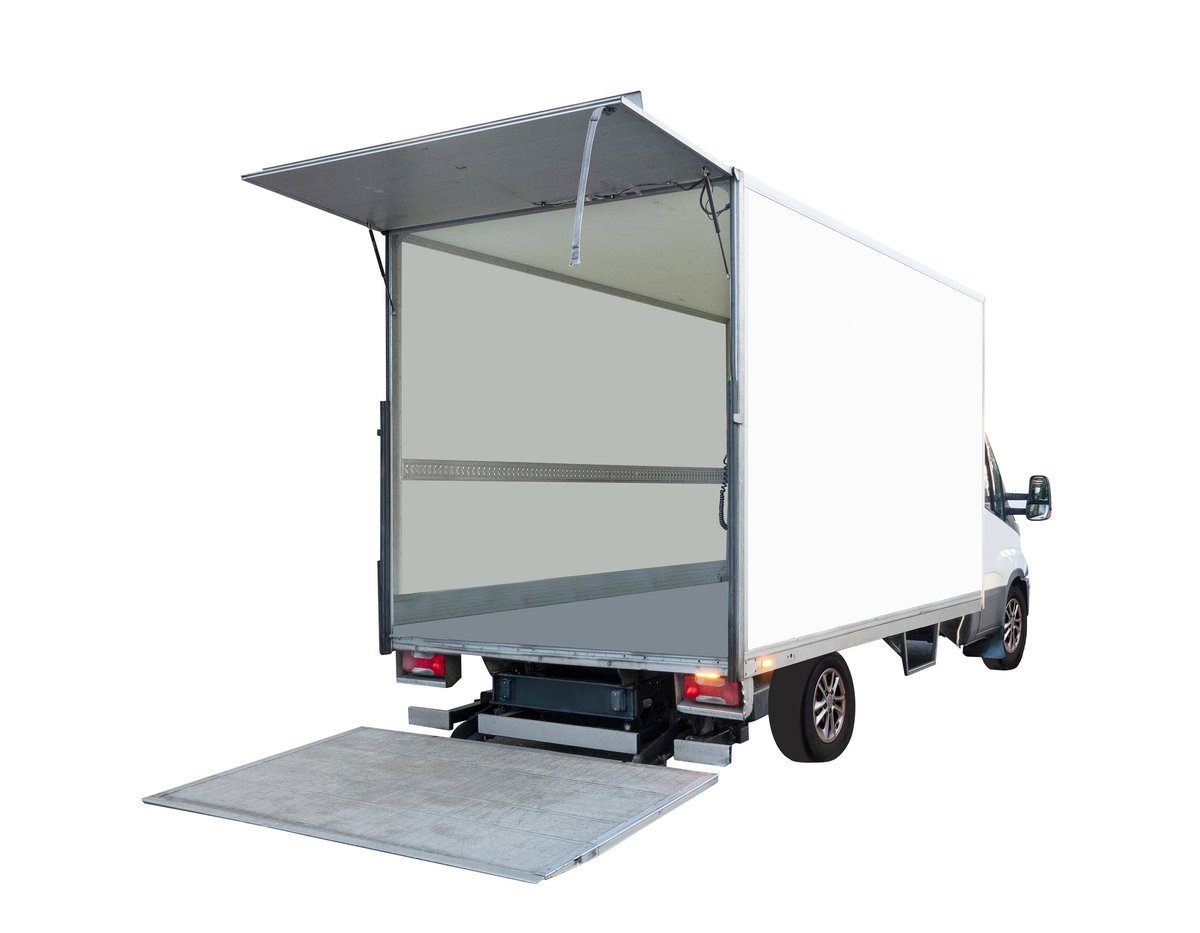 White delivery truck with tailgate open