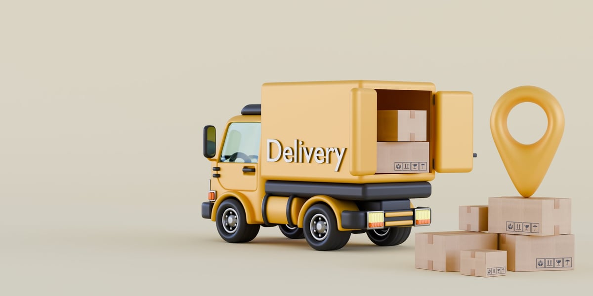 3D illustration of truck with map pin showing UK delivery coverage